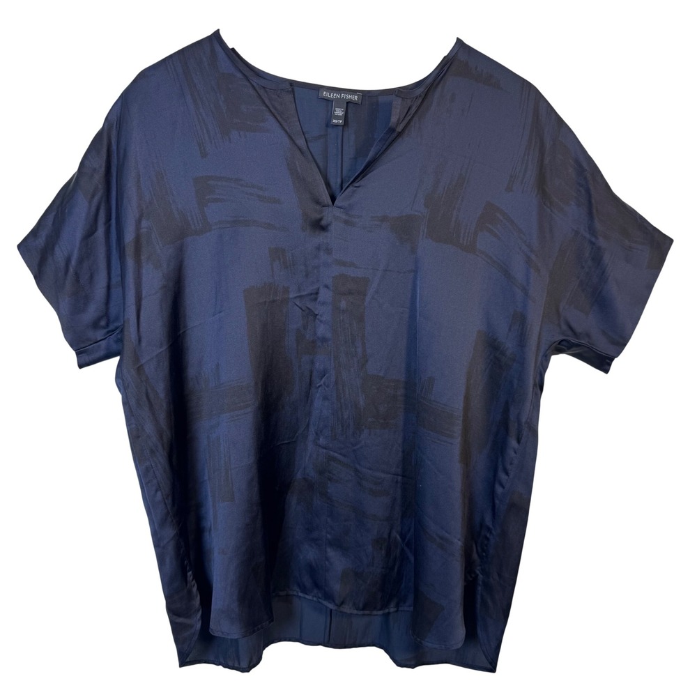 EILEEN FISHER Top XS Oversized Navy Blue Brushstroke Print‎ Silk Organic Cotton